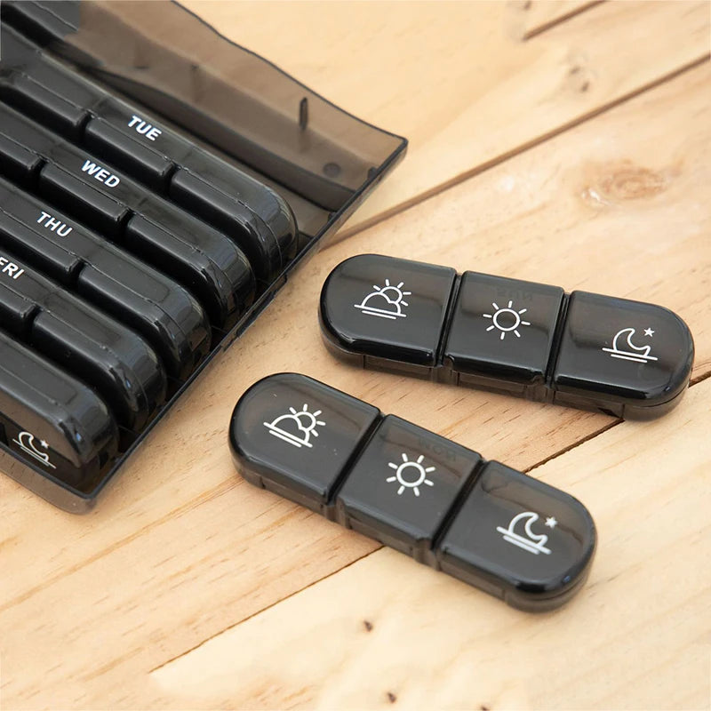 Weekly 21 Grids Pill Box Medicine Organizer Black Plastic Storage Box Container Portable Pill Case
