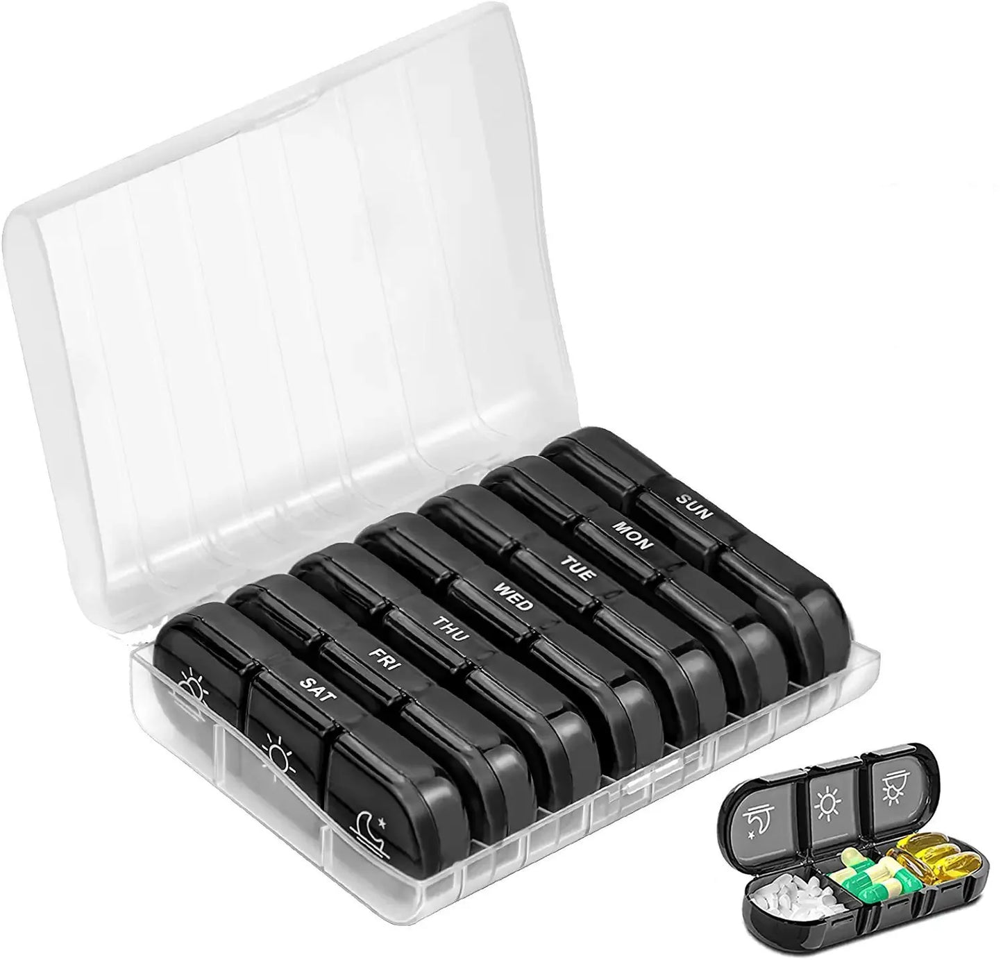 Weekly 21 Grids Pill Box Medicine Organizer Black Plastic Storage Box Container Portable Pill Case